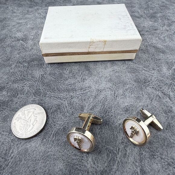 Vintage Foster Caduceus Cufflinks Set Mother of Pearl Gold Tone Medical with Box - Picture 9 of 11